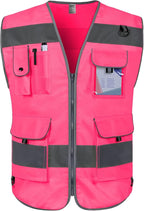 TCCFCCT Pink Safety Vest for Men Women 9 Pockets High Visibility Reflective Vest for Safety, Work Vest with Reflective Strips, Meets ANSI/ISEA Standards, Medium