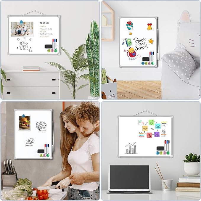 MaxGear Double-Sided Dry Erase Board for Wall, 16"x12" Hanging Whiteboard, Small Dry Erase White Board kit, Portable Whiteboard for Planning, Drawing, Memo, to Do List, Grey Frame
