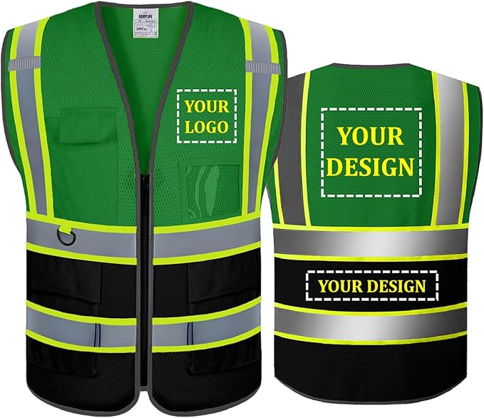 BeautyWill Custom Safety Vest Customized Logo Mesh Vest Class2 High Visibility Reflective Vest with Pockets Workwear（Green Black，L ）