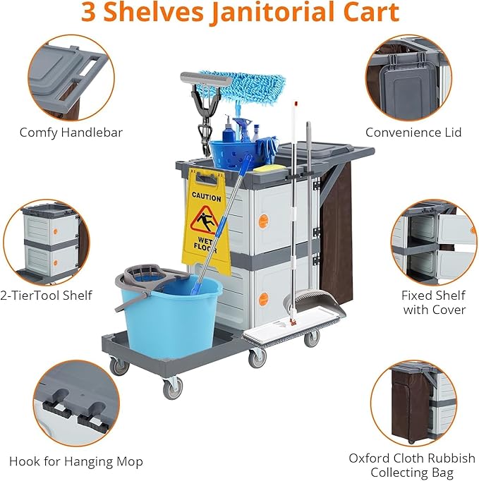 Commercial Janitorial Cart with 2 Cabinet, Housekeeping Caddy with Cover, Shelves, and Vinyl Bag, Cleaning Cart On Wheels