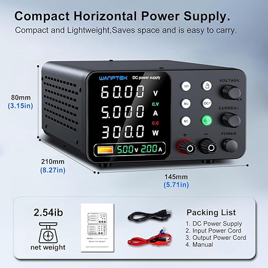 DC Power Supply Variable, 60V 5A Adjustable Switching Regulated Bench Power Supplies with Memory Preset/Locking Key/OCP Protection/Output/USB Fast Charging /4-Digit LED Display