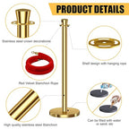 kaiyomi 8Pcs Stanchions with Red Velvet Ropes Set, 5 Feet Velvet Ropes and Posts Poles for Red Carpet Party Decoration and 360° Photo Booth (Golden)