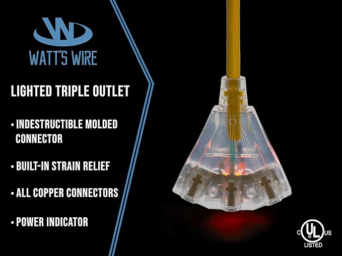 15 ft Outdoor Extension Cord Waterproof - 12 Gauge Heavy Duty Extension Cord 15 ft - Lighted Outdoor Extension Cords with Multiple Outlets - Watts Wire - 15' Grounded - extensiones electricas