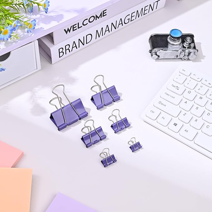 Temiary 208 Pcs Metal Binder Clips, Assorted Sizes Extra Large, Large, Medium, Small, Mini, Micro Binder Paperwork Clip, Morandi Colored Paper Clamps Bulk for Office, Home, School (Purple)