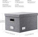 PRANDOM File Organizer Box - Set of 4 Collapsible Decorative Linen Filing Storage Hanging File Folders with Lids Office Cabinet Letter/Legal Size Grey 17.1x14x11.1 inch