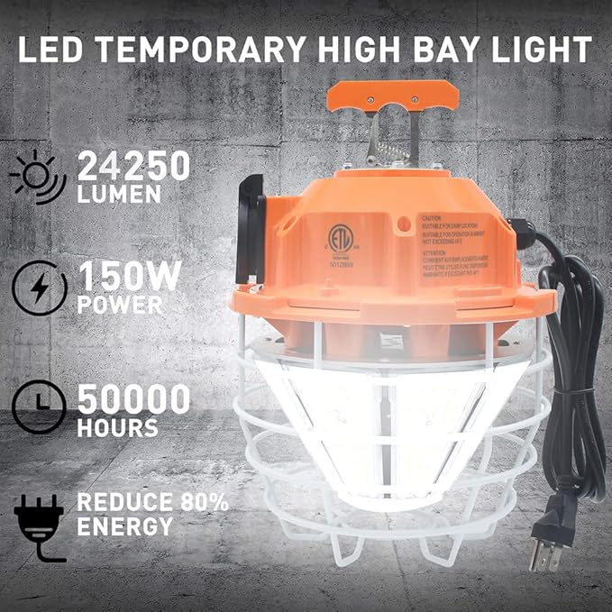 NS 150W High Bay Outdoor Temporary LED Work Light 24250Lm 5000K Daylight White with Stainless Steel Guard and Hook Portable Hanging Lighting for Construction Job Site