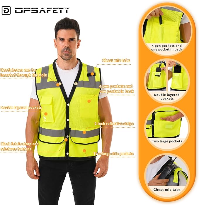 Reflective Safety Vest With Back Plan Pocket, High Visibility Class 2 Heavy Duty Surveyor, ANSI/ISEA Standard Construction Work for Men & Women (Lime-Button, XL)