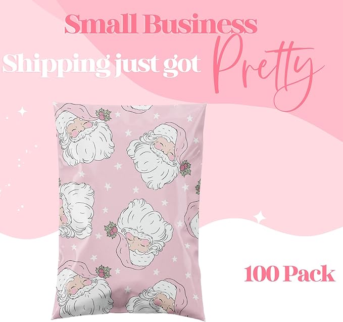 10x13 Designer Christmas Holiday Poly Mailer 100 Pack Heavy Duty Waterproof Self Seal Shipping Bags Large Mailing Envelopes Bulk Tear Resistant Cute Packaging Pink Santa