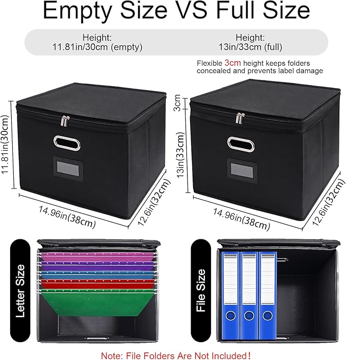 8 Pack Large File Organizer Boxes with Lids, Document Organizer Box with Mesh Pockets & Zippers for Letter/Legal Size Folders, Collapsible File Storage Box (Black, Without Folders)