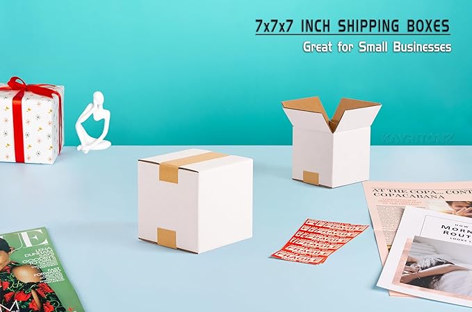 7x7x7 inch Small Shipping Boxes, White Corrugated Cardboard Boxes for E-Commerce, Mailing, Storage, Gifts Wrapping, 25 Pack