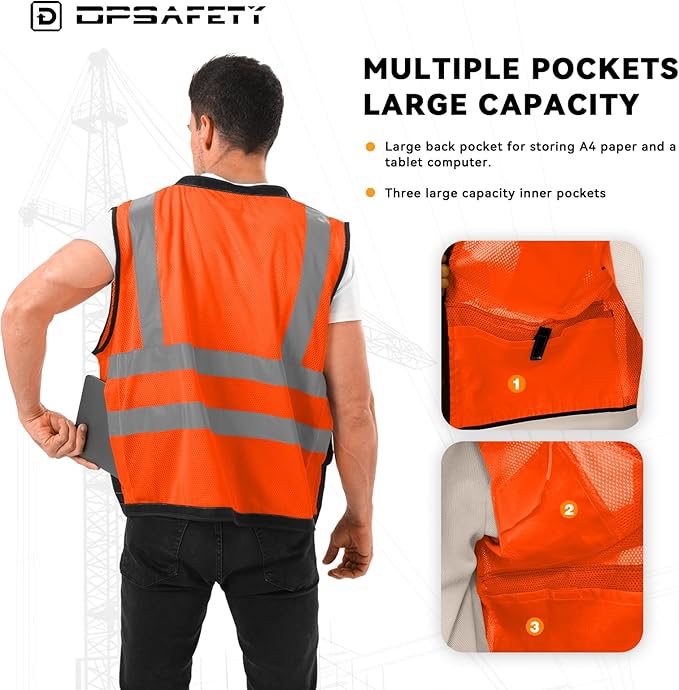 Reflective Safety vest With back plan pocket,High visibility Class 2 Heavy Duty Surveyor Vest with Zipper,Hi Vis Construction Work Vest for Men＆Women ANSI/ISEA(Orange-Bottom,XL)
