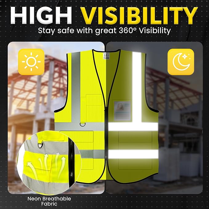 PeerBasics Safety Vest 10 Pack, Yellow, ANSI Class 2, Reflective, For Men Women Unisex, With Pockets Zipper, Breathable Mesh (X-Large)