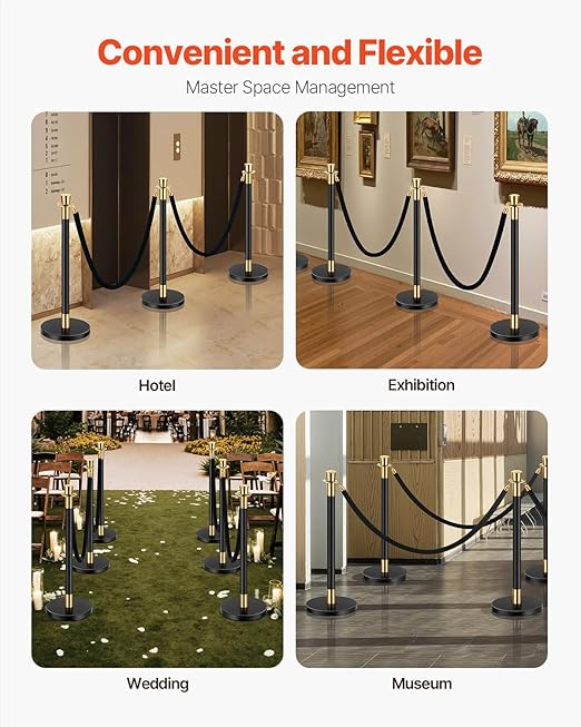 VEVOR Stanchions and Velvet Ropes, 6 Pcs Crowd Control Barriers with 4 Black Velvet Ropes, Stainless Steel Stanchion Post Queue with Sand Injection Hollow Base for Theater, Wedding, Party Supplies
