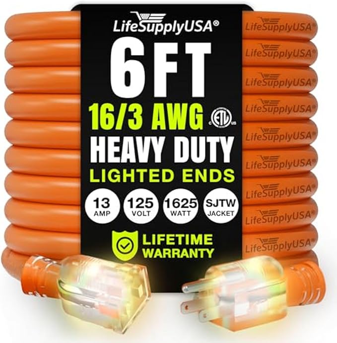 6ft Outdoor/Indoor Extension Cord 16/3 Gauge Heavy Duty 3 Prong SJTW, Waterproof, ETL Listed, Flexible Cold-Resistant Long Power Cord,13A 125V 1625W, Orange by LifeSupplyUSA