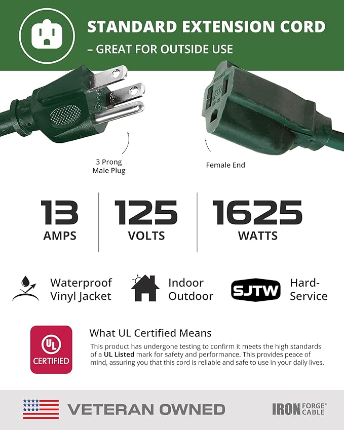 Iron Forge Cable 2 Pack Weatherproof 6 Ft Outdoor Extension Cord - 16/3 SJTW Heavy Duty Green Extension Cord 3 Prong - 13 Amp Exterior Power Cable