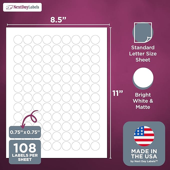 NextDayLabels – 3/4 Inch Round Labels - Round Sticker Labels for Printer - Matte White Blank Laser/Inkjet Printer Labels - Circle Stickers Printable Labels (500 Sheets, 108 Per Sheet, 54000 Labels)