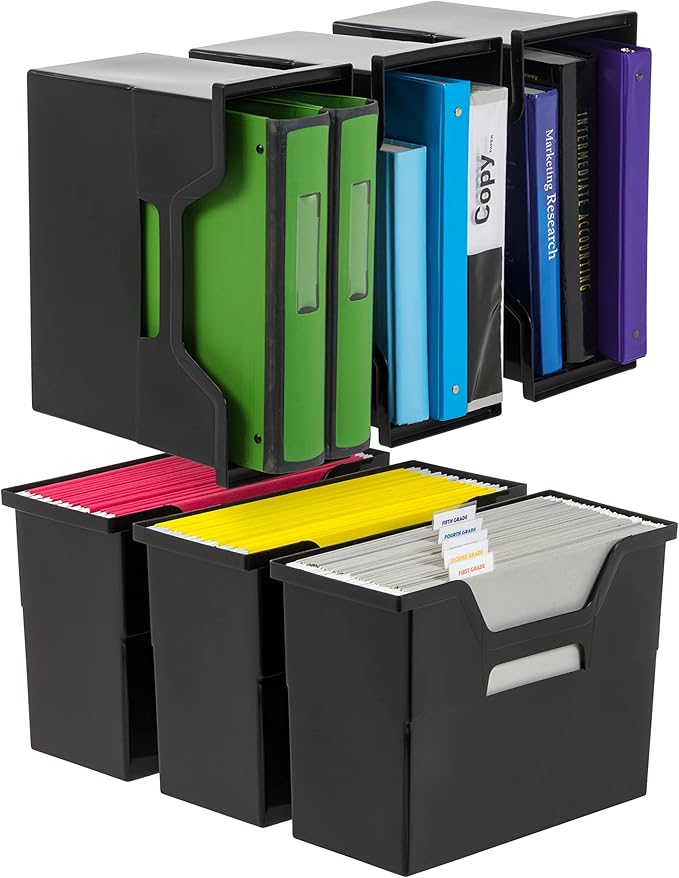 IRIS USA Medium Portable Desktop File Box with Open Lid, 6 Pack, Side Handles, Tabs & Inserts, Hanging File Folders, Letter-Size File Magazine Newspaper Mail Document Notebook, Black