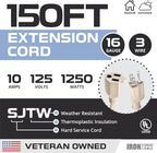 Iron Forge Cable Weatherproof 150 Ft Outdoor Extension Cord - 16/3 SJTW Heavy Duty Light Brown Extension Cord 3 Prong - 10 Amp Exterior Power Cable