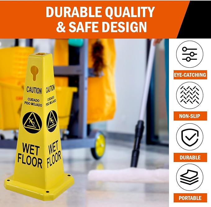 26.5" Caution Cones, 4-Sided Visible Safety Signs with Heavy Rubber Base, Warning for Slip & Fall Prevention, Indoor/Outdoor Use (4, Wet Floor Caution-Yellow, 26.5 inch)