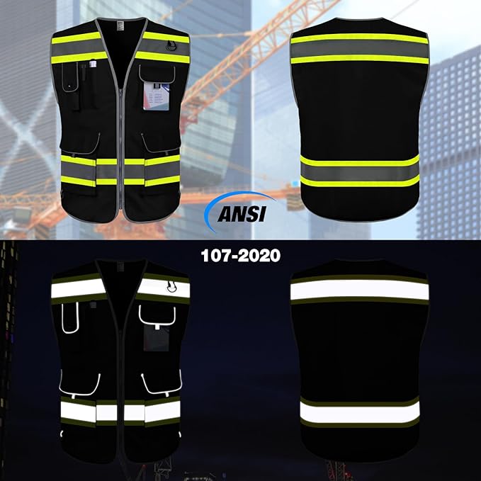 TCCFCCT Reflective Safety Vest for Men Women 9 Pockets High Visibility Vest with Fluorescent Yellow Extend Edge, Hi Vis Security Work Vest for Surveyors, Durable and Breathable, (DB-Black, XX-Large)