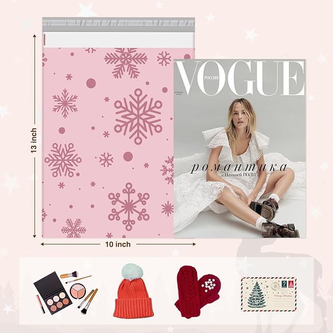 Metronic Christmas Poly Mailers 10x13" 1200pc Shipping Bags for Clothes,Self Adhesive Shipping Envelopes for Small Business,Waterproof Mailers Poly Bags for Shipping,Packaging Mailing Bags Pink Snow