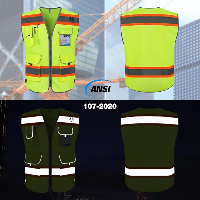 TCCFCCT Work Vest for Men Women 9 Pockets High Visibility Safety Vest with Fluorescent Orange Extend Edge, Hi Vis Reflective Vest for Workers, Surveyors, Meets ANSI/ISEA, (DB-Yellow, 4X-Large)