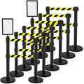 Therwen 12 Pcs Double Retractable Belt Barrier with Stanchion Dual Retractable Safety Belt Heavy Duty Crowd Control Stanchions Stainless Steel Post Holder Safety Barrier Stand (16.4 ft,Black)
