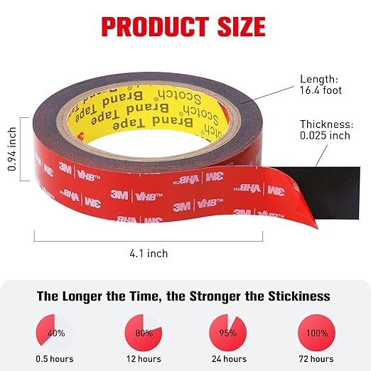Double Sided Tape Heavy Duty, Adhesive Mounting Tape Waterproof, 16.4 FT x 0.94 IN, Strong Foam Tape for Walls, Automotive, Home Office Decor, Made of 3M VHB Tape (Pack of 1)