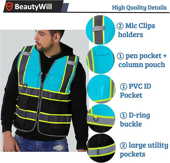 5 Pack Custom Safety Vest Customized Logo Mesh Vest Class 2 High Visibility Reflective Vest with Pockets Workwear（LightBlue Black，M ）