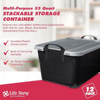 Life Story 12 Pack Heavy Duty Stackable Storage Bin, 55 Quart Home Organizer, Versatile Lightweight Locking Bins with Carrying Handles, Black/Gray