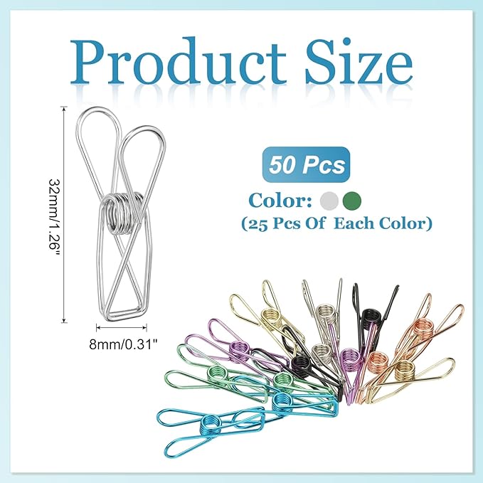PATIKIL 50Pcs Paper Office Binder Clips, 1.26" Small Metal Wire Hollow Out Paper Clamps Long Tail Binder Clips for Photo Clothes Hanging Office Home Kitchen Food Package, Silver/Green