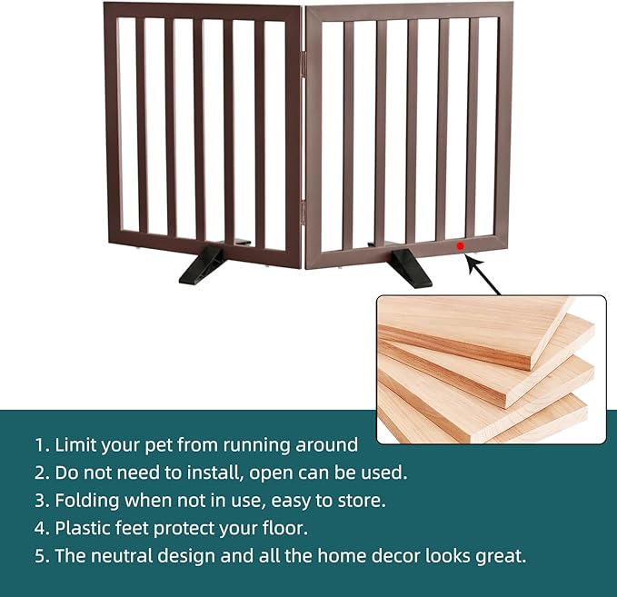 ZJSF Freestanding Indoor Dog Gate for House Foldable Wood Puppy Gate for Doorways Pet Gate for Stairs Extra Wide Pet Fence, Brown, 24" Height 2 Panels