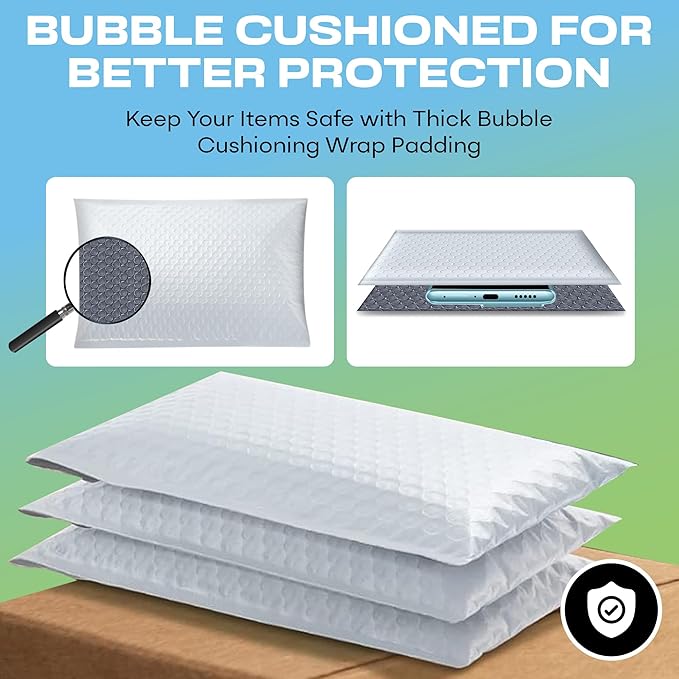White 12.5x19.5 Inch Large Poly Bubble Mailers #6 | Padded Envelopes with Self Seal | Air Lined Cushioned Bubble Mailer | Usable Size 12.5x15 | 50 Pack Bulk | Lightweight shipping Bags | Made in USA