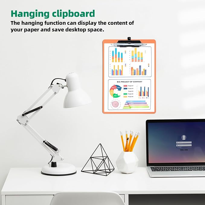 Clipboard with Pen Holder, Plastic Clipboard with Low Profile Metal Clip, Hanging Clipboards Holds 8.5x11 Inch Papers, Standard A4 Letter Size Clip Board for Office & School, Orange