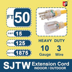 EP 50 Ft Lighted Outdoor Extension Cord - 10/3 SJTW Heavy Duty Yellow Extension Cable with 3 Prong Grounded Plug for Safety, UL Listed