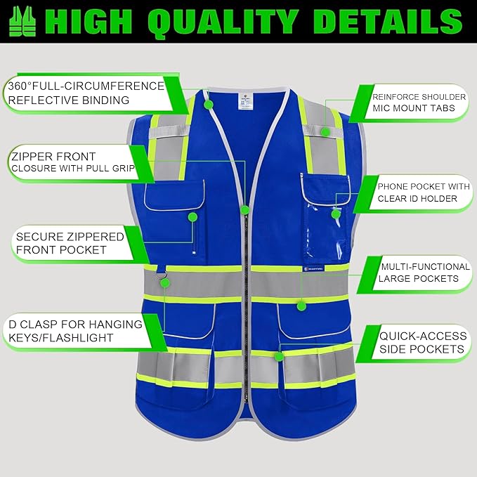 BeautyWill Custom Logo Safety Vest 8 Pockets Class2 ANSI Certified High Visibility Reflective Vest for Men - Personalized Logo Heavy-Duty Work Vest（Blue，L）