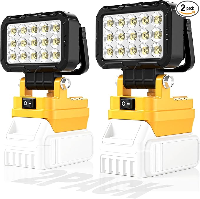 2Pack 6000 Lumen LED Work Light Compatible with Dewalt 20V Max Battery, Cordless Jobsite Flood Light with Dual USB-A Charging Ports, Bright Portable Outdoor Flashlight (Battery Not Included)