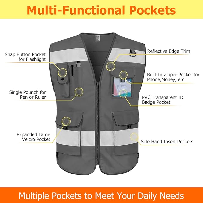 TCCFCCT Grey Safety Vest for Men Women 9 Pockets High Visibility Reflective Vest for Safety, Work Vest with Reflective Strips, Meets ANSI/ISEA Standards, Large