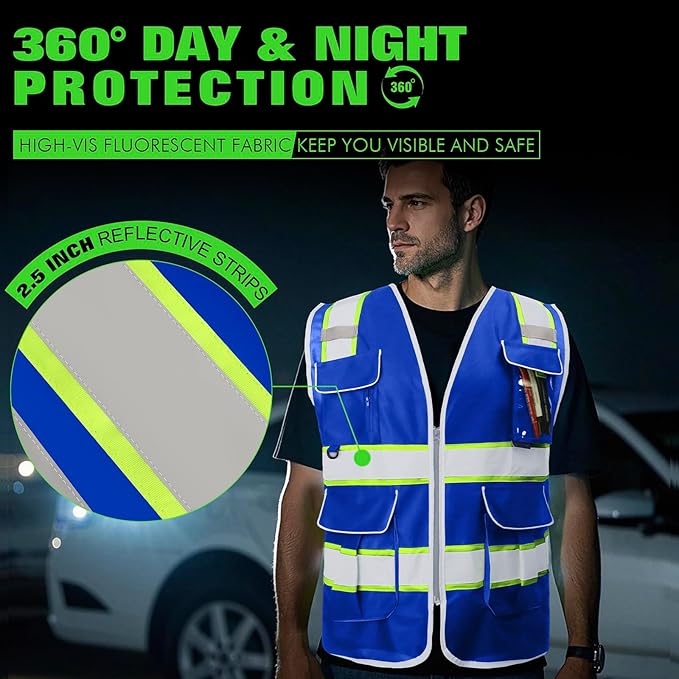 BeautyWill 5Pack Custom Logo Safety Vest 8 Pockets Class2 ANSI Certified High Visibility Reflective Vest for Men - Personalized Logo Heavy-Duty Work Vest（Blue，XL）