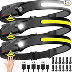 Headlamp Rechargeable 3PCS, 230° Wide Beam Head Lamp LED with Motion Sensor for Adults - Camping Accessories Gear, Waterproof Head Light Flashlight for Hiking, Running, Repairing, Fishing, Cycling