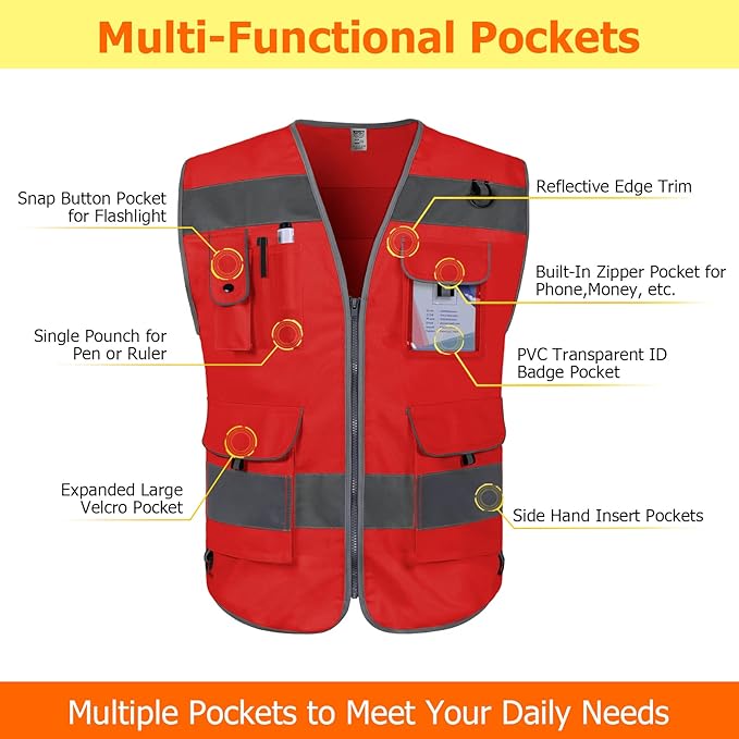 TCCFCCT Reflective Safety Vest 9 Pockets High Visibility Vest for Men Women, Hi Vis Reflective Work Vest for Safety, Meets ANSI/ISEA Standards, (Red, XX-Large)