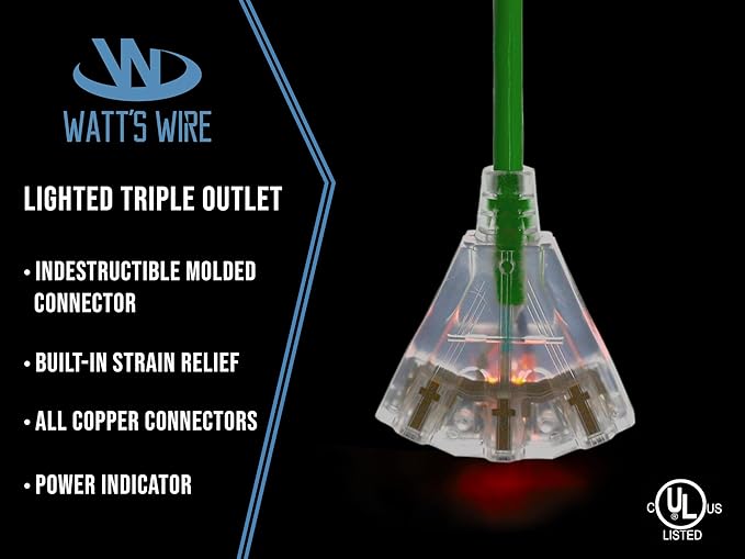 25 ft Outdoor Extension Cord Waterproof - 14 Gauge Heavy Duty Extension Cord 25 ft - Lighted Outdoor Extension Cords with Multiple Outlets - Watts Wire - 25' Grounded - extensiones electricas