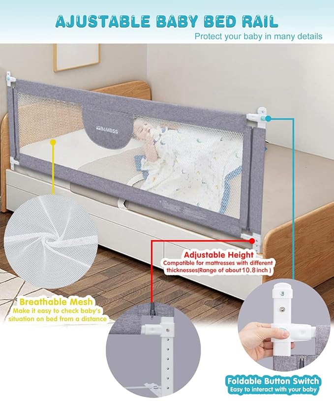MBQMBSS 58'' L x 26.7" H Bed Rail for Toddlers, Baby Bed Rails Guard for Toddlers, Height Adjustable Rail Fit for Side of King Size Queen Full Bed, Bed Rails for Kids with Child Lock & Y-Shaped Strap