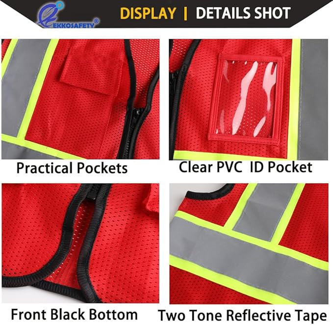 Reflective Mesh Safety Vest for Men Women with 5 Pockets and Zipper Front High Visibility Vest Hi Vis Construction Work Vest,Meets ANSI/ISEA Standards(EK175-Red-2XL)