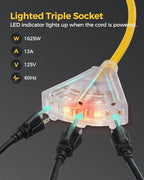 Retractable Extension Cord Reel, 50 FT Heavy Duty Power Cord, 14AWG/3C SJTOW, 3 Grounded Outlets Lighted Triple Tap, 13 Amp Circuit Breaker, UL Listed, Yellow Y50CR06