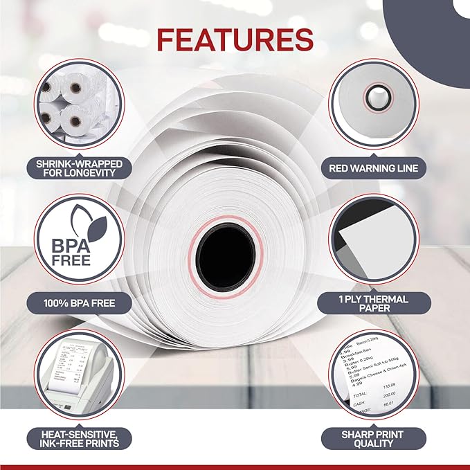50 Rolls – 3 1/8" x 119' Thermal Receipt Paper Rolls | BPA Free | Compatible Paper for Clover Station, Epson POS Printers & Cash Registers