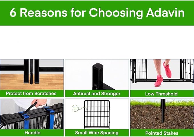 ADAVIN Dog Playpen Outdoor, 24in(H) x 9.8Ft(L) 4 Panels Animal Fence for Yard, Low Threshold Gate,Black Metal Garden Fencing, Temporary Fence for Puppy and Small Dogs, Dog Play Pen for RV Camping