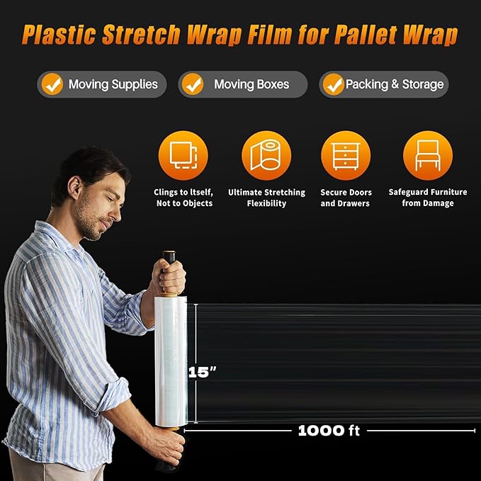 Stretch Film Shrink Wrap for Moving Supplies (15inch, 4 Pack) x 1000ft, Industrial Strength Plastic Wrap Stretch Roll for Pallet Wrapping Shipping Moving Boxes Storage Furniture with Handles, Clear