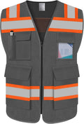 TCCFCCT Reflective Vest 5 Pockets Mesh Safety Vest with Reinforced Zipper, High Visibility Surveyor Work Vest for Men Women with Fluorescent Orange Edge, Durable to Use, Meets ANSI/ISEA,DW-Grey, 4XL