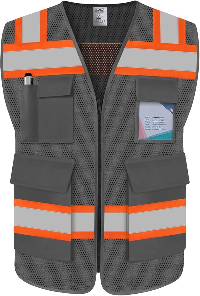 TCCFCCT Reflective Safety Vest 5 Pockets Mesh High Visibility Vest for Men Women, Hi Vis Construction Work Vest with Fluorescent Orange Edge, Durable with Reinforced Sewing, Meet ANSI/ISEA, DW-Grey, XL